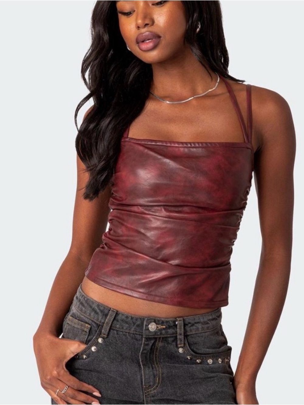 Edikted Wine Ruched Faux Leather Cami